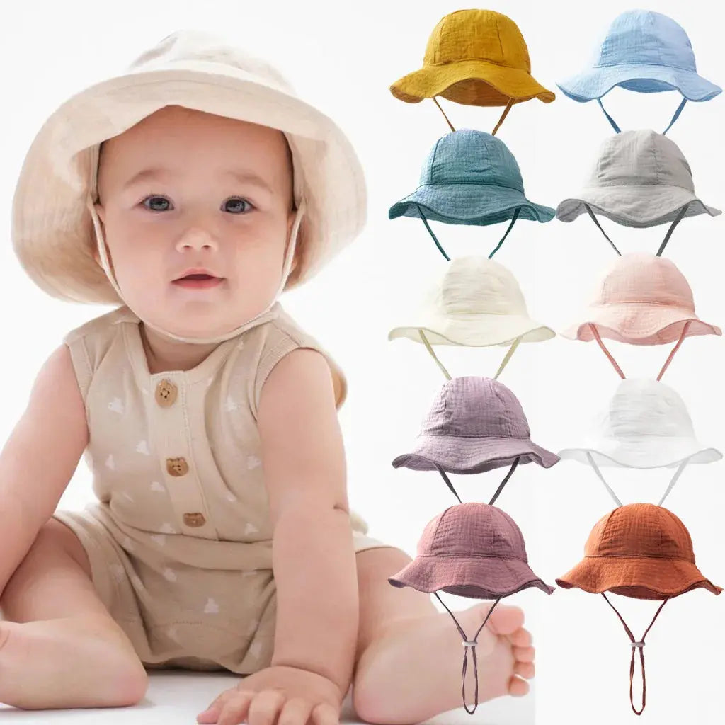 Baby cotton bucket hat by SHOPEZRA L.L.C. with colorful print, unisex design, suitable for outdoor sun protection for children 3-12 months.
