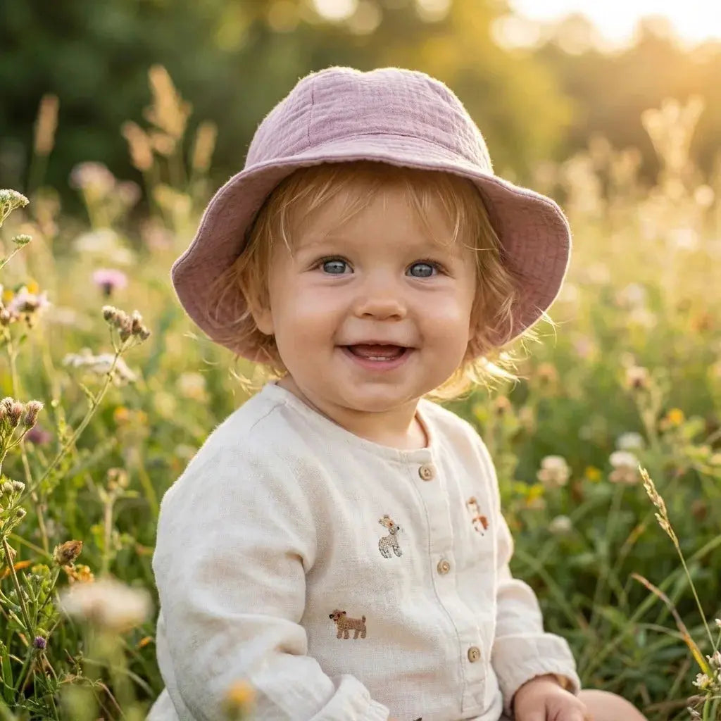 Baby cotton bucket hat with colorful print, unisex outdoor sun hat for children ages 3-12 months, suitable for beach and fishing.