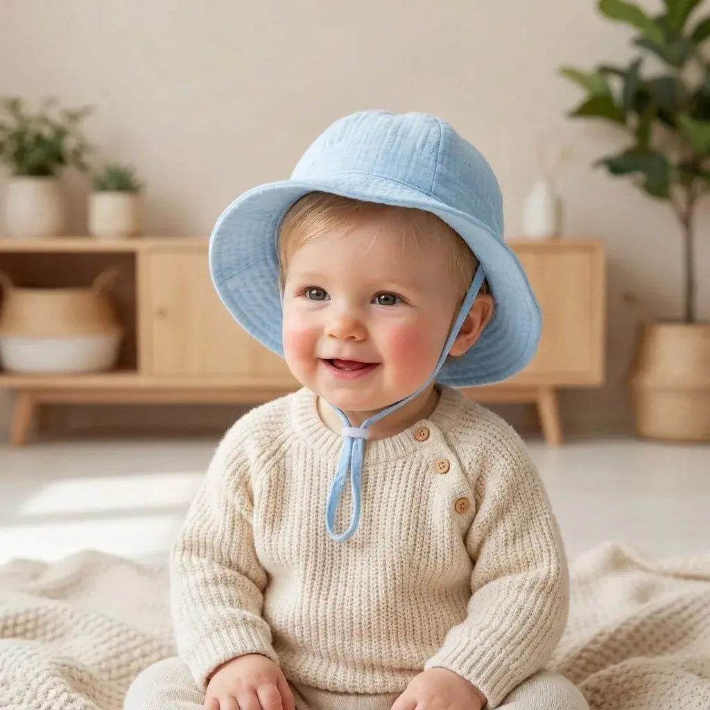 Blue baby cotton bucket hat by SHOPEZRA L.L.C. for children 3-12 months, featuring a fun print, perfect for outdoor sun protection.