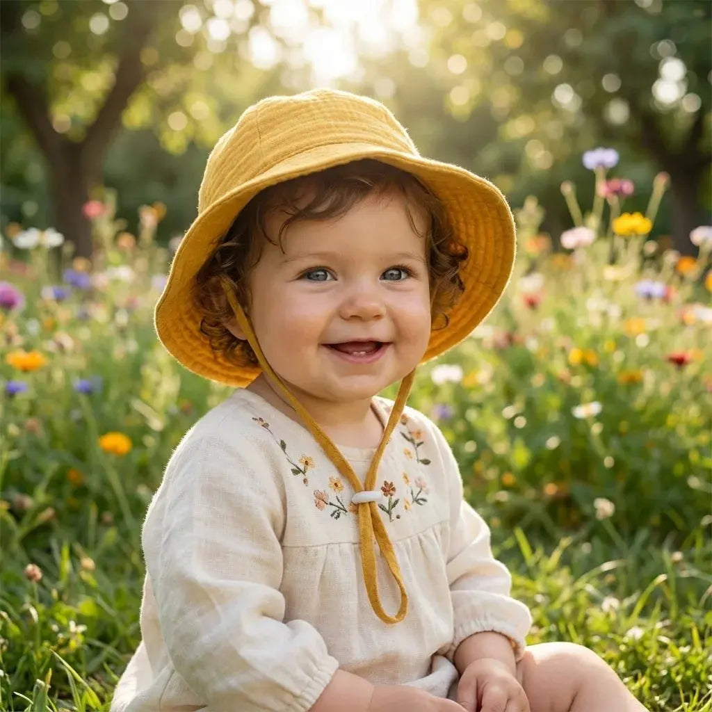Blue baby cotton bucket hat by SHOPEZRA L.L.C., unisex sun hat for children 3-12 months, perfect for outdoor beach and fishing activities.