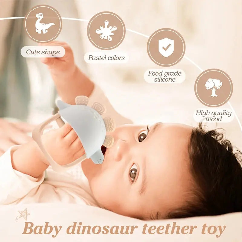 Baby silicone dinosaur teether and rattle toy with textured gloves, ideal for dental care and chewing, suitable for infants 0-12 months.