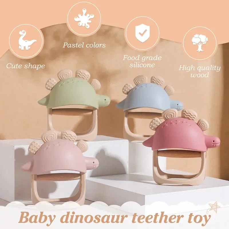 Blue baby silicone teether shaped like a dinosaur, with silicone gloves and rattle toys for dental and sensory development.