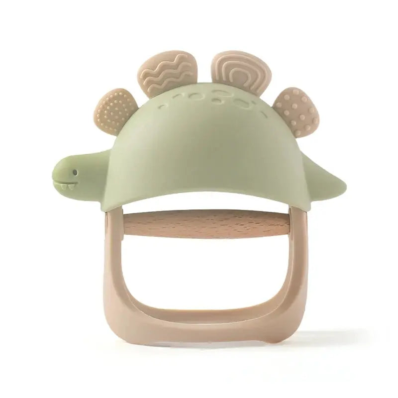 Blue baby silicone dinosaur teether and gloves set with rattles, suitable for infants 0-12 months, for dental and oral comfort.