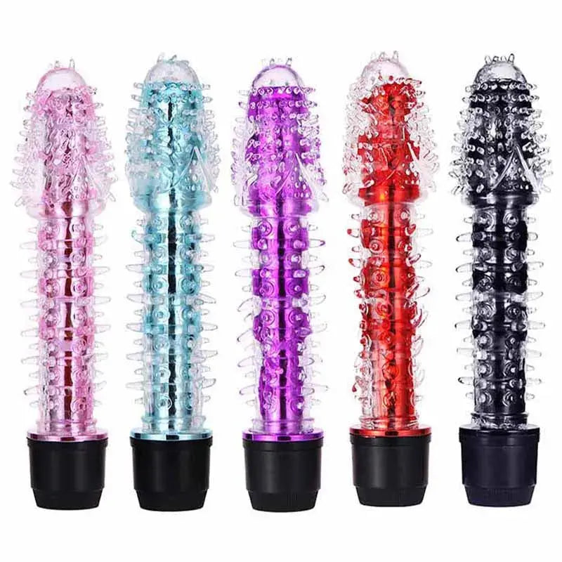 Blue dildo vibrator for women with dotted, ribbed, and barbed design, featuring vibrating G-spot and clitoral stimulation.