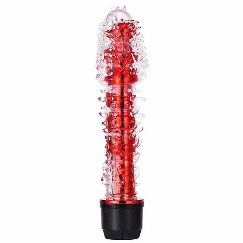 Blue dildo vibrator for women with dotted, ribbed, and barbed design, G-spot and clitoris stimulator, vibrating sex toy.
