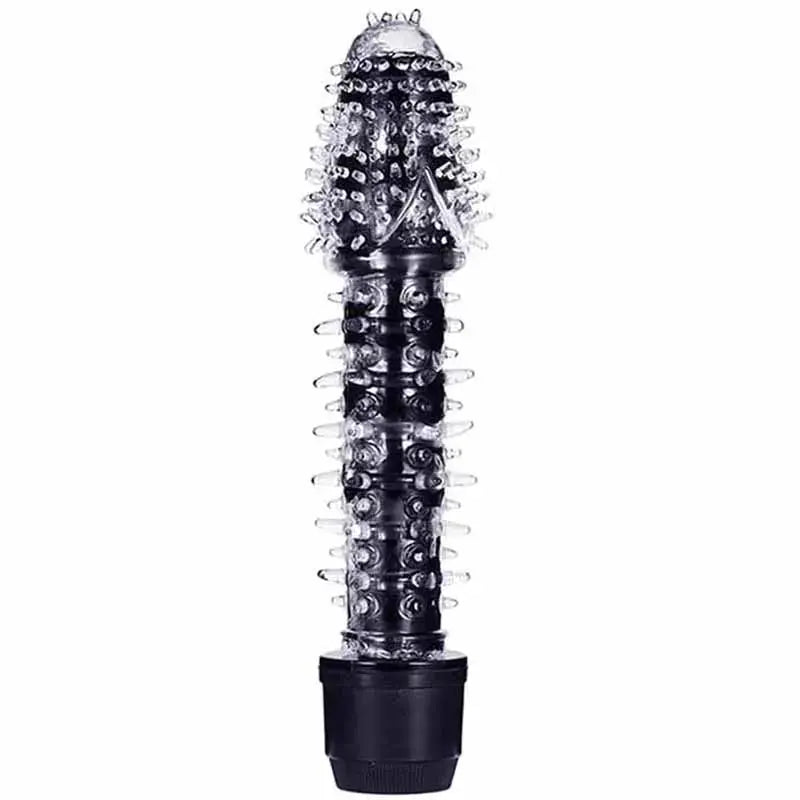 Blue dildo vibrator for women with dotted, ribbed, and barbed design, featuring vibrating G-spot and clitoral stimulation for masturbation.