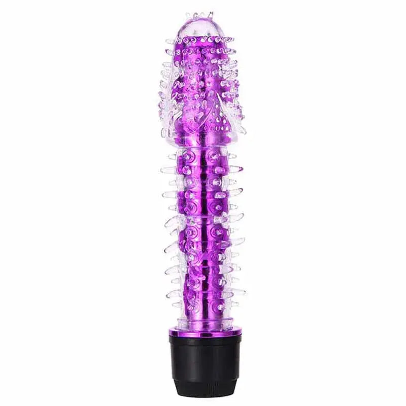 Blue dildo vibrator for women with dotted, ribbed, and barbed design, featuring vibrating G-spot and clitoris stimulation.