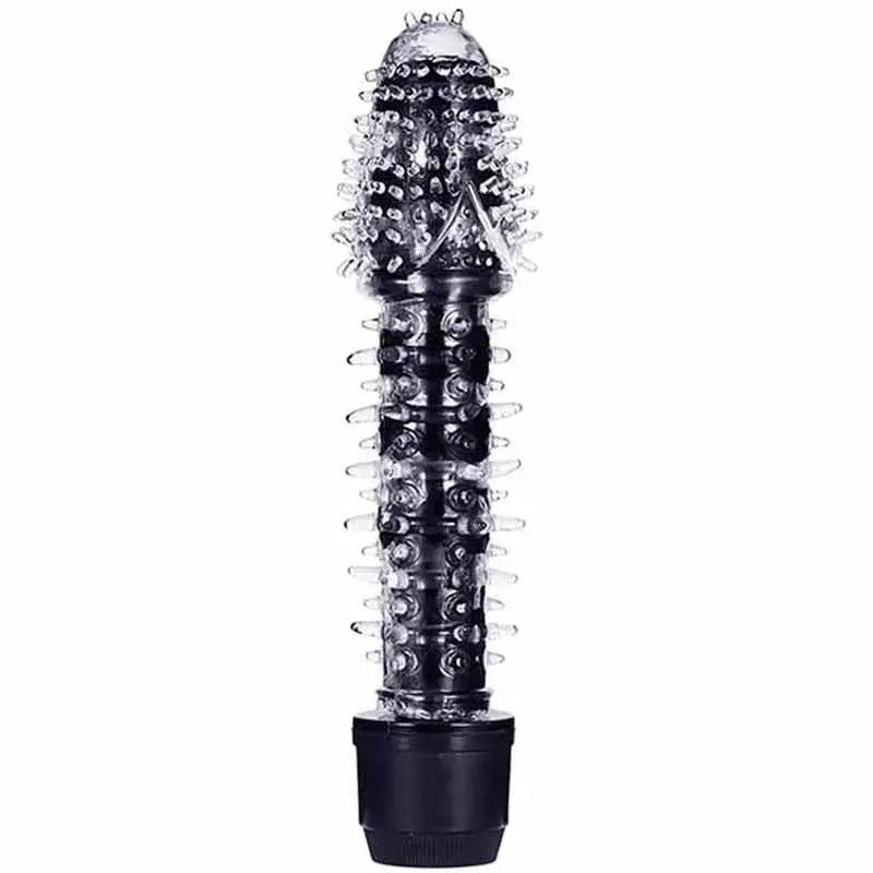 Blue dildo vibrator for women with dotted, ribbed, and barbed design, featuring vibrating G-spot and clitoral stimulation.
