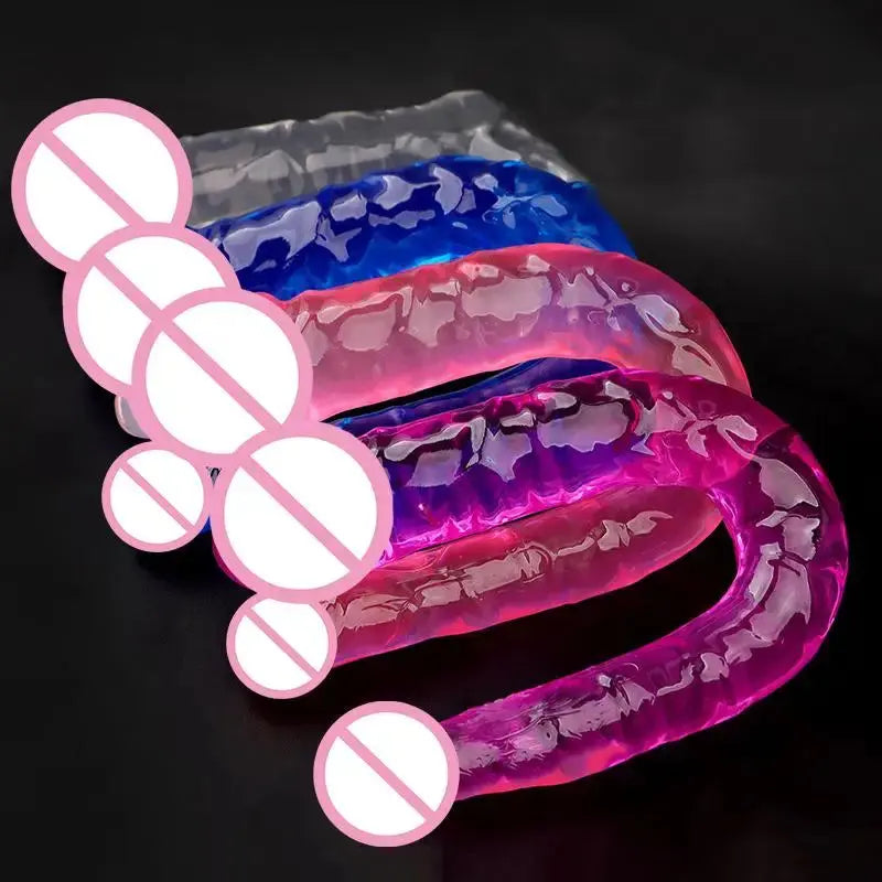 Blue double-ended realistic jelly dildo, waterproof and flexible, ideal for women and lesbian couples, designed for bedroom fun.