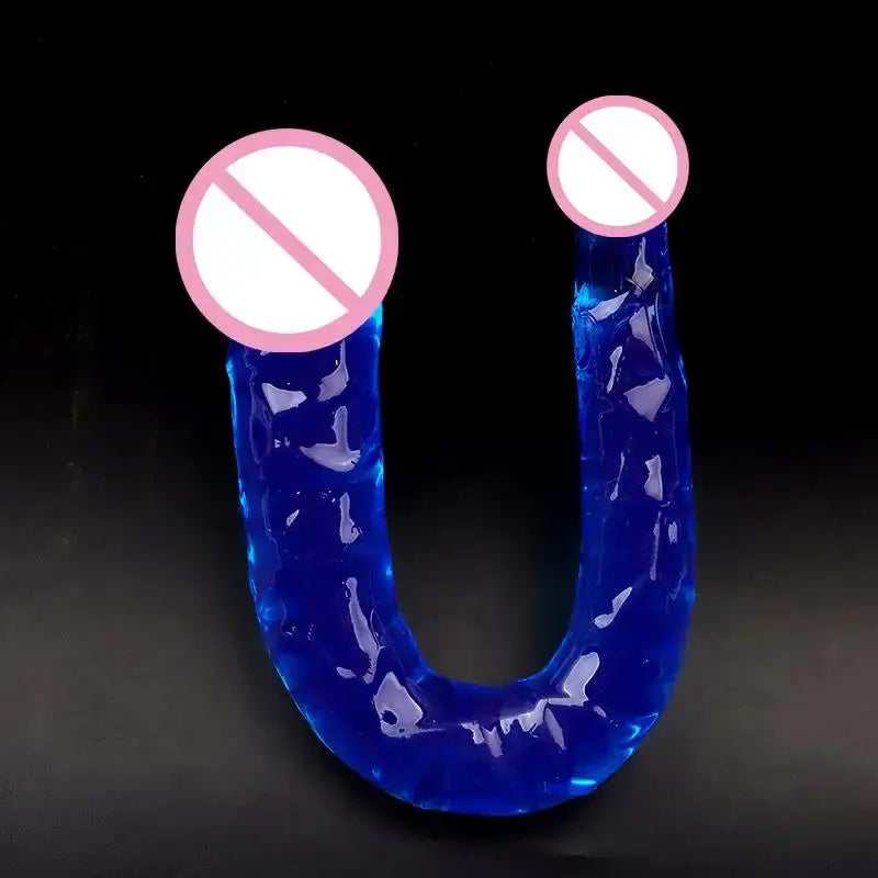 Blue double-ended realistic jelly dildo, waterproof and flexible, designed for women and lesbian couples for bedroom fun.
