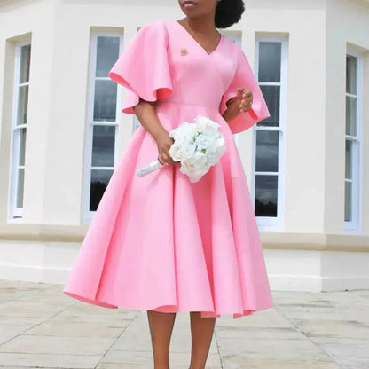 Elegant Dresses for Women V Neck Flare Sleeve High Waisted Pleated A Line Mid Calf Luxury Birthday Party Dinner Vestidos Mujer by Dropshipman