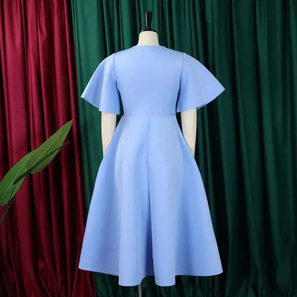 Elegant Dresses for Women V Neck Flare Sleeve High Waisted Pleated A Line Mid Calf Luxury Birthday Party Dinner Vestidos Mujer by Dropshipman