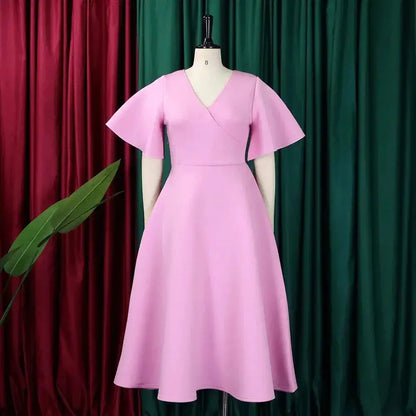 Elegant Dresses for Women V Neck Flare Sleeve High Waisted Pleated A Line Mid Calf Luxury Birthday Party Dinner Vestidos Mujer by Dropshipman