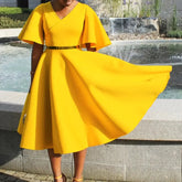 Elegant Dresses for Women V Neck Flare Sleeve High Waisted Pleated A Line Mid Calf Luxury Birthday Party Dinner Vestidos Mujer SHOPEZRA L.L.C.