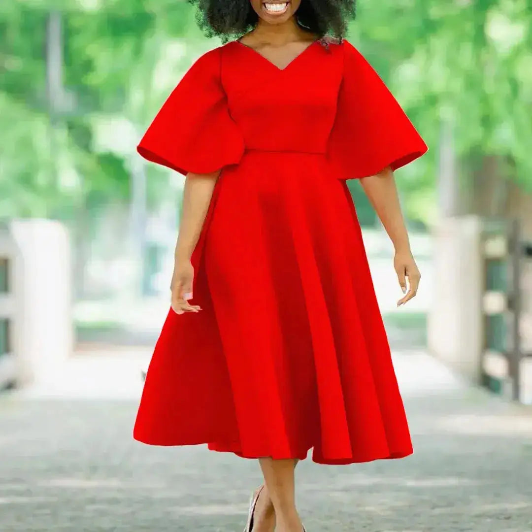 Elegant Dresses for Women V Neck Flare Sleeve High Waisted Pleated A Line Mid Calf Luxury Birthday Party Dinner Vestidos Mujer by Dropshipman