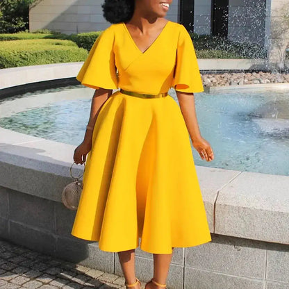 Elegant Dresses for Women V Neck Flare Sleeve High Waisted Pleated A Line Mid Calf Luxury Birthday Party Dinner Vestidos Mujer by Dropshipman