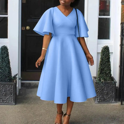 Elegant Dresses for Women V Neck Flare Sleeve High Waisted Pleated A Line Mid Calf Luxury Birthday Party Dinner Vestidos Mujer SHOPEZRA L.L.C.
