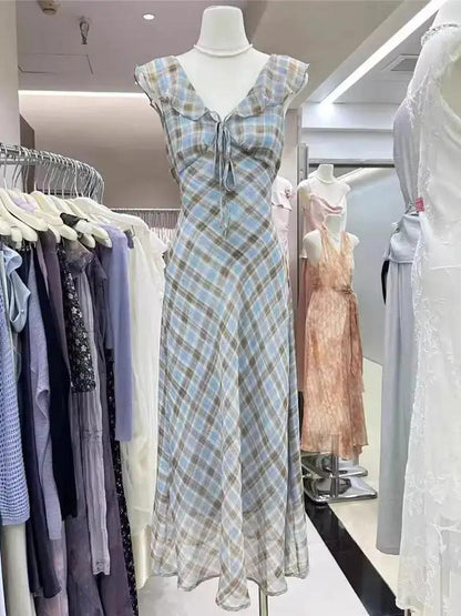 Fashion New Summer French Elegant Temperament Gentle Ruffled Plaid Dress Women&