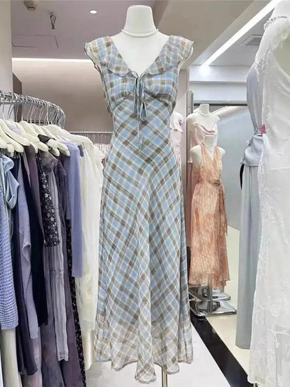 Fashion New Summer French Elegant Temperament Gentle Ruffled Plaid Dress Women&