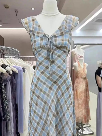 Fashion New Summer French Elegant Temperament Gentle Ruffled Plaid Dress Women&