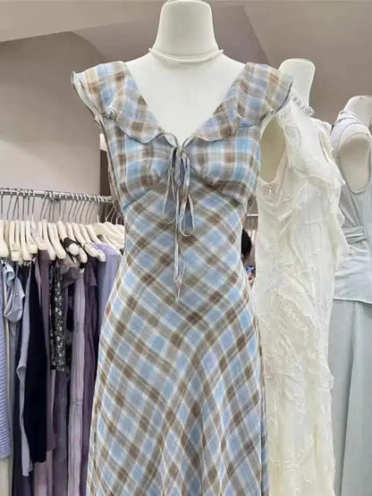 Fashion New Summer French Elegant Temperament Gentle Ruffled Plaid Dress Women&
