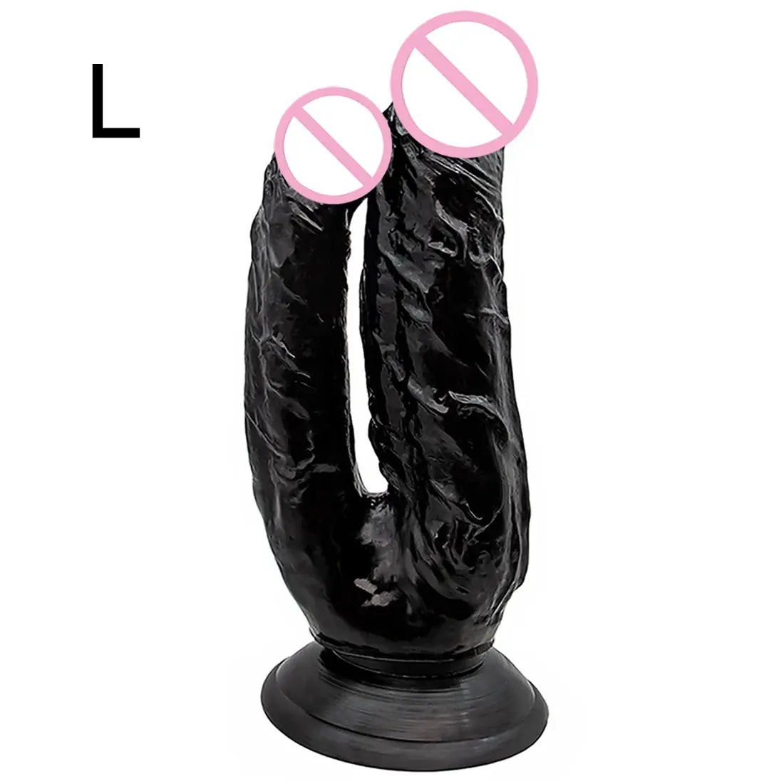Blue double dildo with realistic penis, vaginal and anal ends, large phallus, soft material, designed for double penetration.