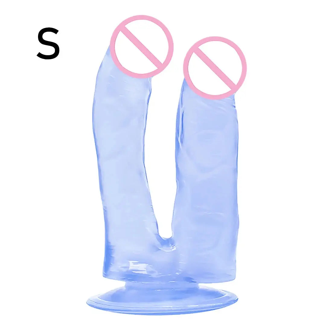 Blue double dildo with realistic penis and anal plug, designed for double penetration and anal pleasure for women.