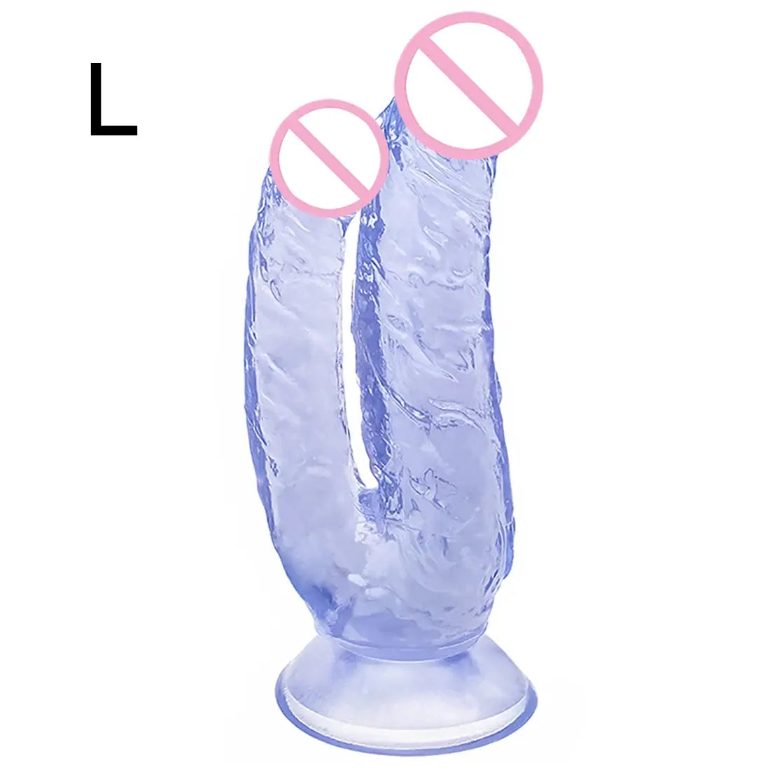 Realistic double dildo with soft penis, vaginal, and anal penetration, featuring a large phallus and butt plug for women.