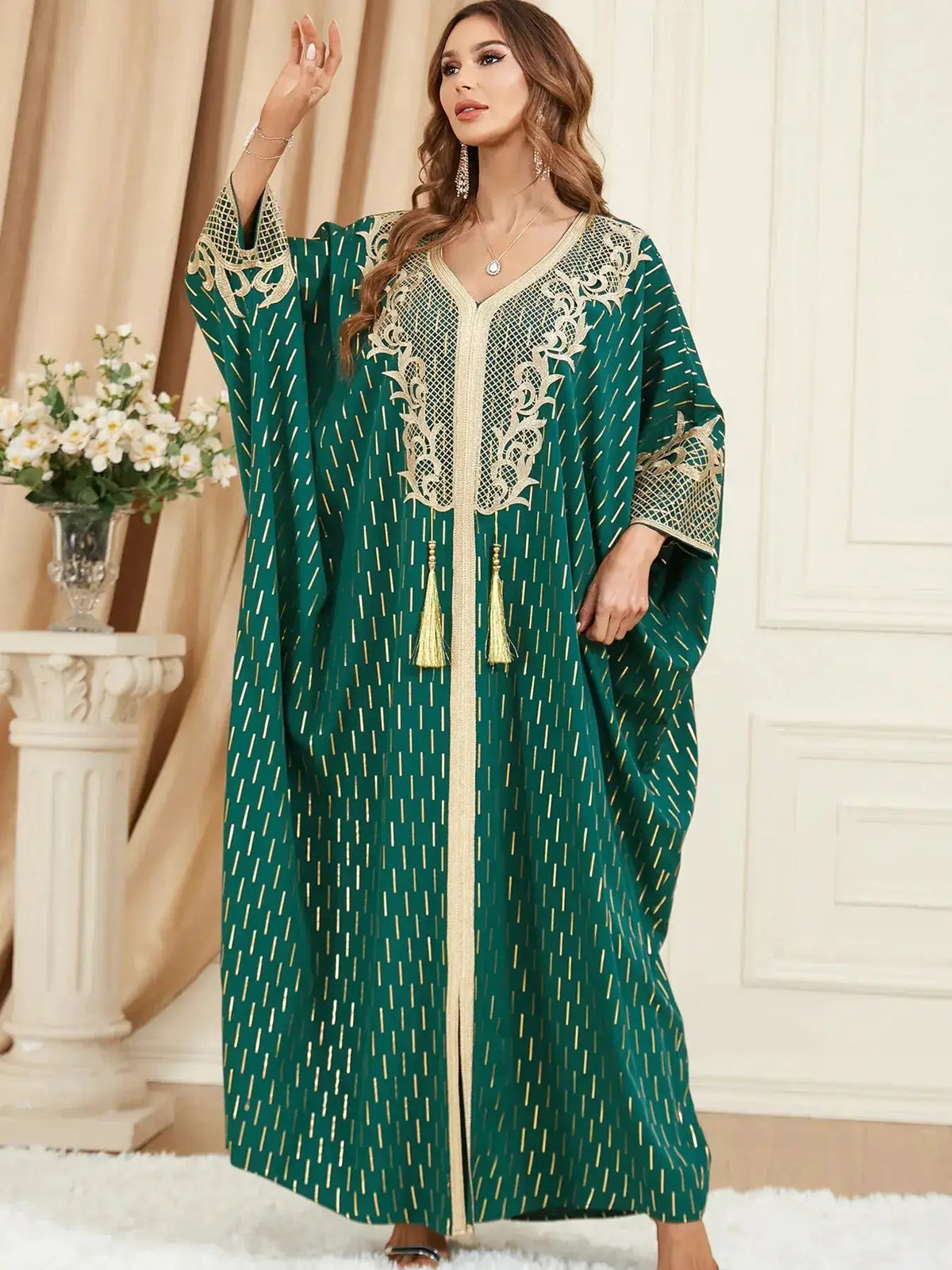 Muslim Dresses Women Elegant Long Robe Middle East Dubai Loose Abaya Bat Sleeve V-neck Tassel Evening Dress Femme Party Vestidos by Dropshipman