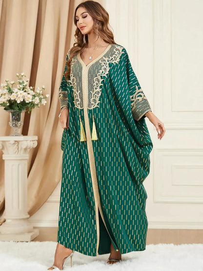 Muslim Dresses Women Elegant Long Robe Middle East Dubai Loose Abaya Bat Sleeve V-neck Tassel Evening Dress Femme Party Vestidos by Dropshipman
