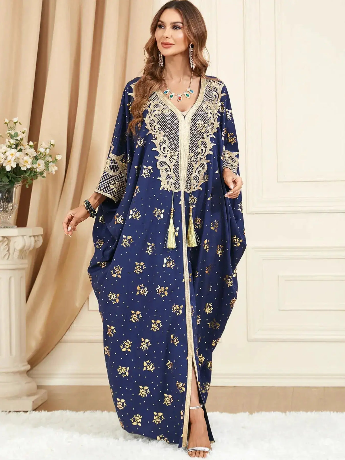 Muslim Dresses Women Elegant Long Robe Middle East Dubai Loose Abaya Bat Sleeve V-neck Tassel Evening Dress Femme Party Vestidos by Dropshipman
