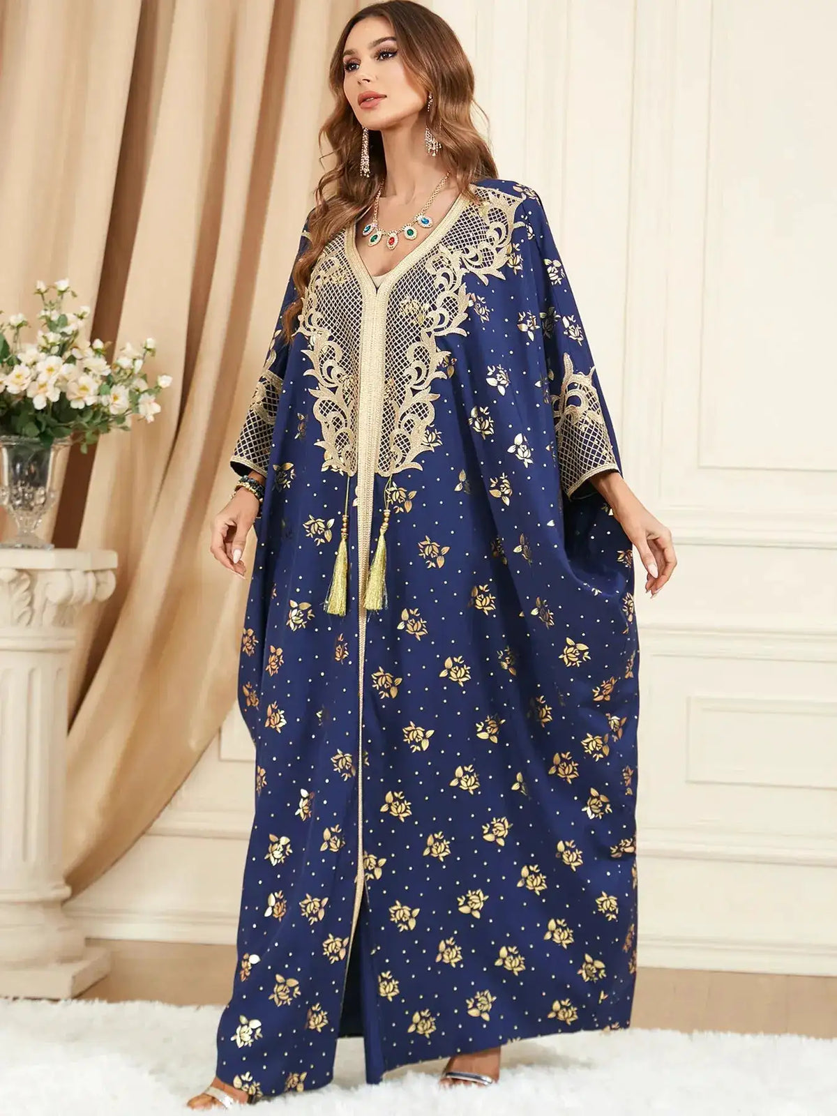 Muslim Dresses Women Elegant Long Robe Middle East Dubai Loose Abaya Bat Sleeve V-neck Tassel Evening Dress Femme Party Vestidos by Dropshipman