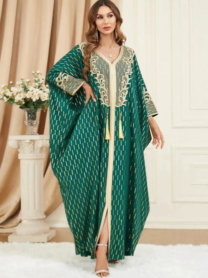 Muslim Dresses Women Elegant Long Robe Middle East Dubai Loose Abaya Bat Sleeve V-neck Tassel Evening Dress Femme Party Vestidos by Dropshipman