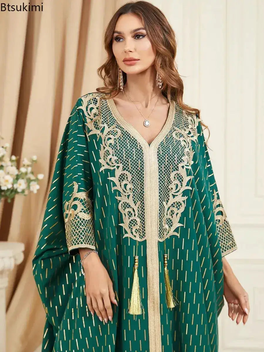 Muslim Dresses Women Elegant Long Robe Middle East Dubai Loose Abaya Bat Sleeve V-neck Tassel Evening Dress Femme Party Vestidos by Dropshipman