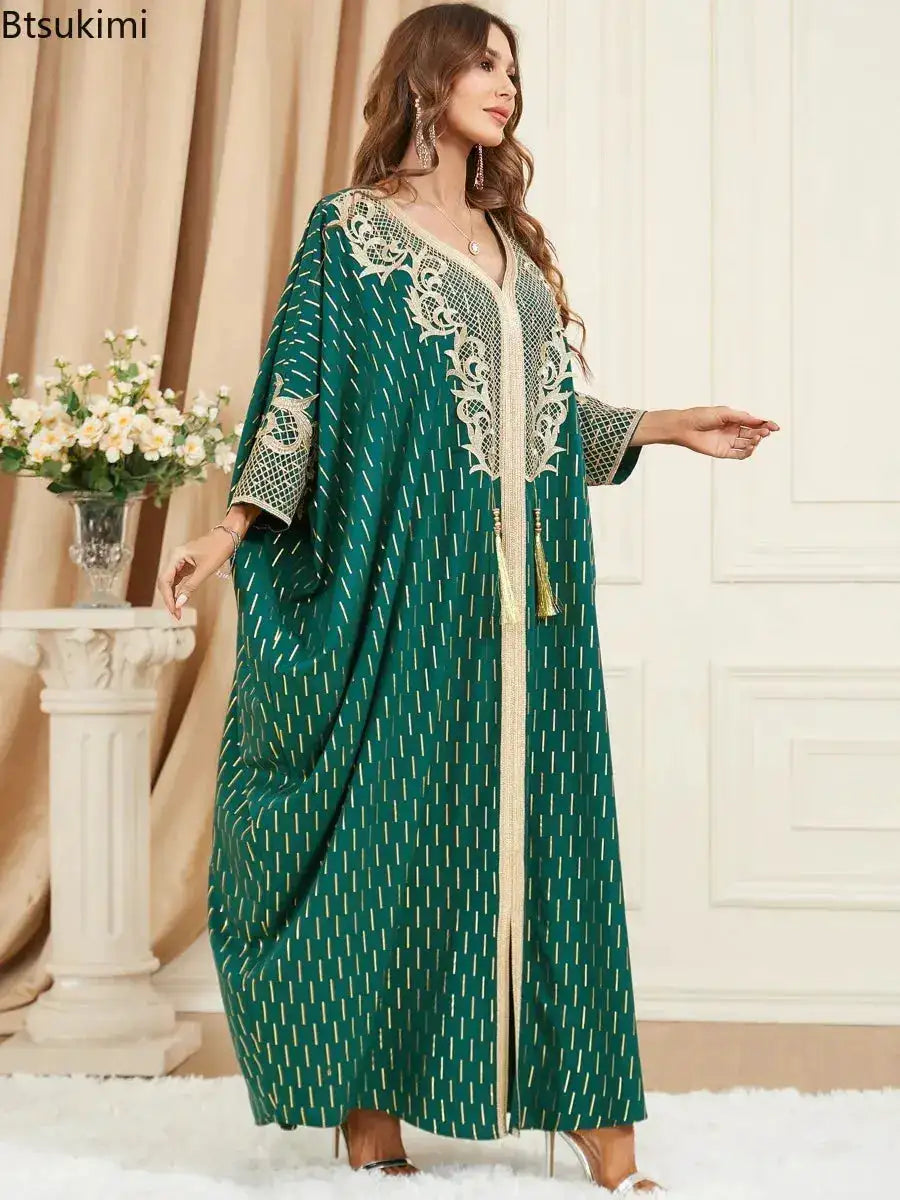 Muslim Dresses Women Elegant Long Robe Middle East Dubai Loose Abaya Bat Sleeve V-neck Tassel Evening Dress Femme Party Vestidos by Dropshipman
