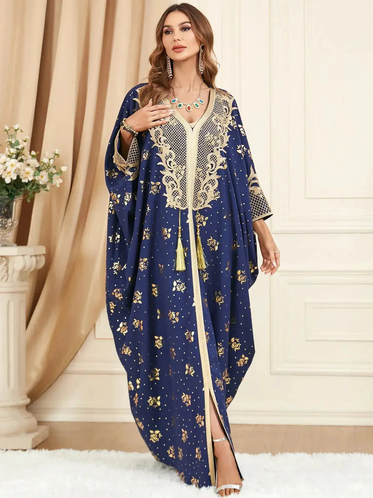 Muslim Dresses Women Elegant Long Robe Middle East Dubai Loose Abaya Bat Sleeve V-neck Tassel Evening Dress Femme Party Vestidos by Dropshipman