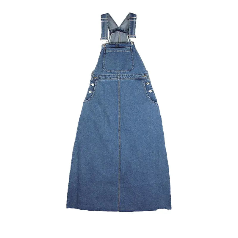 Blue denim suspender dress for women, loose fit, long style, perfect for tall women, featuring a slimming and age-reducing design.