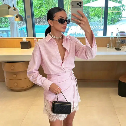 Striped Mini Dress Women Lapel Single Breasted Long Sleeves Lace Patchwork Waistband Robe Female 2026 Summer Beach Vacation Sets by Dropshipman
