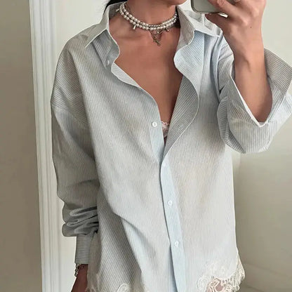 Striped Mini Dress Women Lapel Single Breasted Long Sleeves Lace Patchwork Waistband Robe Female 2026 Summer Beach Vacation Sets by Dropshipman