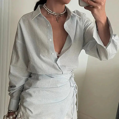 Striped Mini Dress Women Lapel Single Breasted Long Sleeves Lace Patchwork Waistband Robe Female 2026 Summer Beach Vacation Sets by Dropshipman