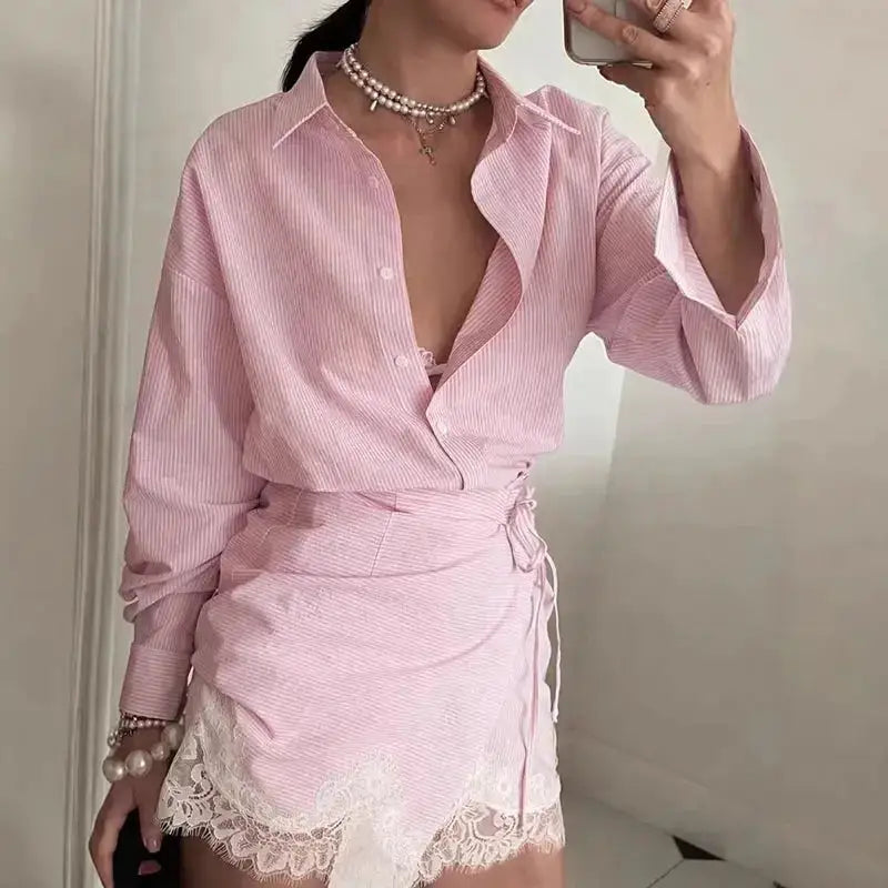 Striped Mini Dress Women Lapel Single Breasted Long Sleeves Lace Patchwork Waistband Robe Female 2026 Summer Beach Vacation Sets by Dropshipman