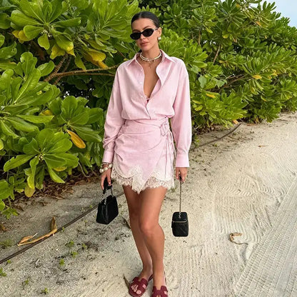 Striped Mini Dress Women Lapel Single Breasted Long Sleeves Lace Patchwork Waistband Robe Female 2026 Summer Beach Vacation Sets by Dropshipman