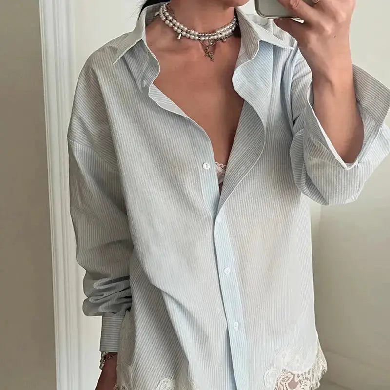 Striped Mini Dress Women Lapel Single Breasted Long Sleeves Lace Patchwork Waistband Robe Female 2026 Summer Beach Vacation Sets by Dropshipman