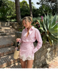 Striped Mini Dress Women Lapel Single Breasted Long Sleeves Lace Patchwork Waistband Robe Female 2026 Summer Beach Vacation Sets SHOPEZRA L.L.C.