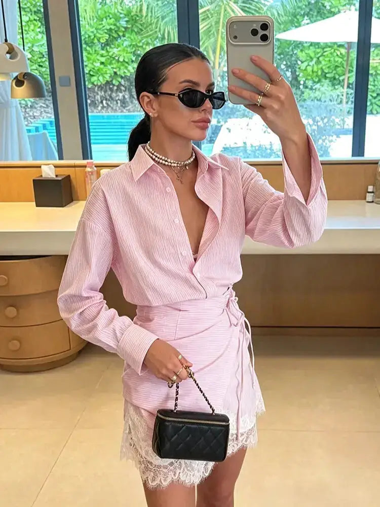 Striped Mini Dress Women Lapel Single Breasted Long Sleeves Lace Patchwork Waistband Robe Female 2026 Summer Beach Vacation Sets by Dropshipman