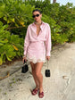 Striped Mini Dress Women Lapel Single Breasted Long Sleeves Lace Patchwork Waistband Robe Female 2026 Summer Beach Vacation Sets SHOPEZRA L.L.C.