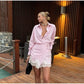 Striped Mini Dress Women Lapel Single Breasted Long Sleeves Lace Patchwork Waistband Robe Female 2026 Summer Beach Vacation Sets SHOPEZRA L.L.C.