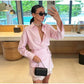 Striped Mini Dress Women Lapel Single Breasted Long Sleeves Lace Patchwork Waistband Robe Female 2026 Summer Beach Vacation Sets SHOPEZRA L.L.C.