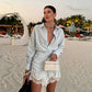 Striped Mini Dress Women Lapel Single Breasted Long Sleeves Lace Patchwork Waistband Robe Female 2026 Summer Beach Vacation Sets SHOPEZRA L.L.C.