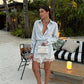 Striped Mini Dress Women Lapel Single Breasted Long Sleeves Lace Patchwork Waistband Robe Female 2026 Summer Beach Vacation Sets SHOPEZRA L.L.C.